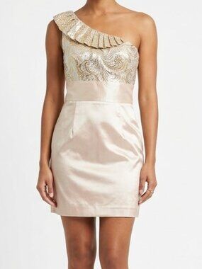 Costa Blanca Gold Jacquard/Satin One Shoulder Cocktail Dress NEW- Sz. M